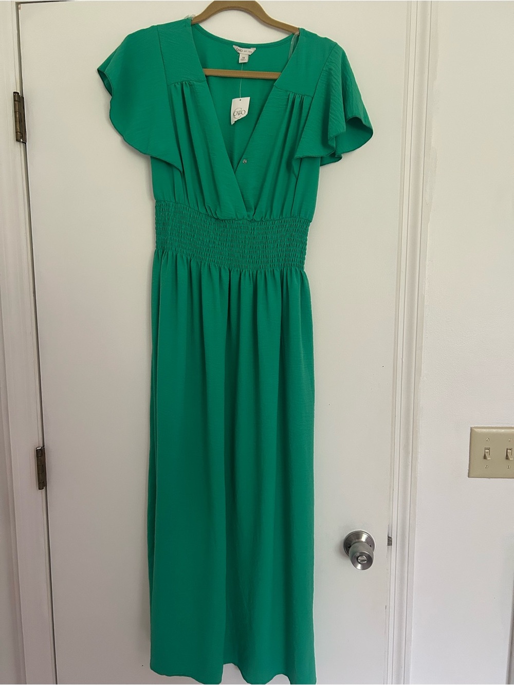 Cato Emerald Green Flutter-Sleeve Smocked Waist Maxi Dress